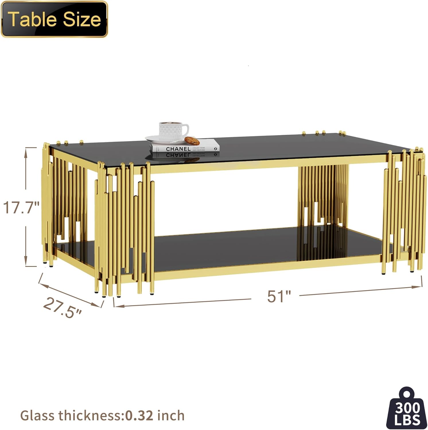 Gold Glass Coffee Table Black Modern Living Room Table Stainless Steel Metal Leg Large Rectangular Tempered Glass Center Tables for Home Office (Black, 51" Coffee Table)