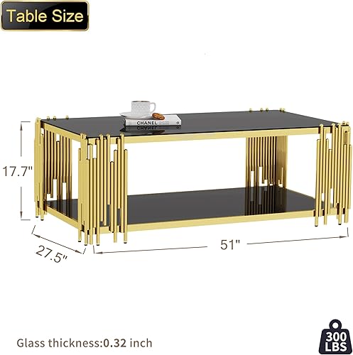 Miniatura 2 de Mesa de café de vidrio dorado Mesa de estar negra moderna con patas de metal de acero inoxidable Mesa central grande rectangular de vidrio templado