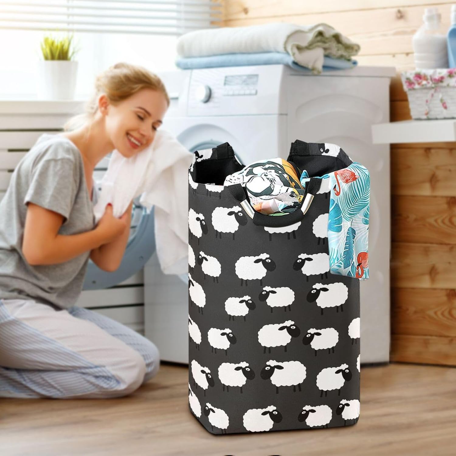 Black and White Sheep Slate laundry baskets, collapsable and waterproof clothes storage basket with sturdy handle bags 54 qt unit for shelves shelves store bolsas para ropa