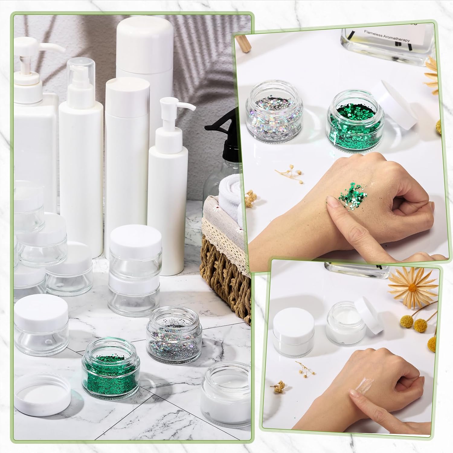 Domensi 100 Pcs 1 oz Glass Jars with Lids Bulk Round Glass Cosmetic Jars for DIY Lip Balm Small Travel Containers with Inner Liner for Lotions Powders Ointments Sample Cream(Clear, White)