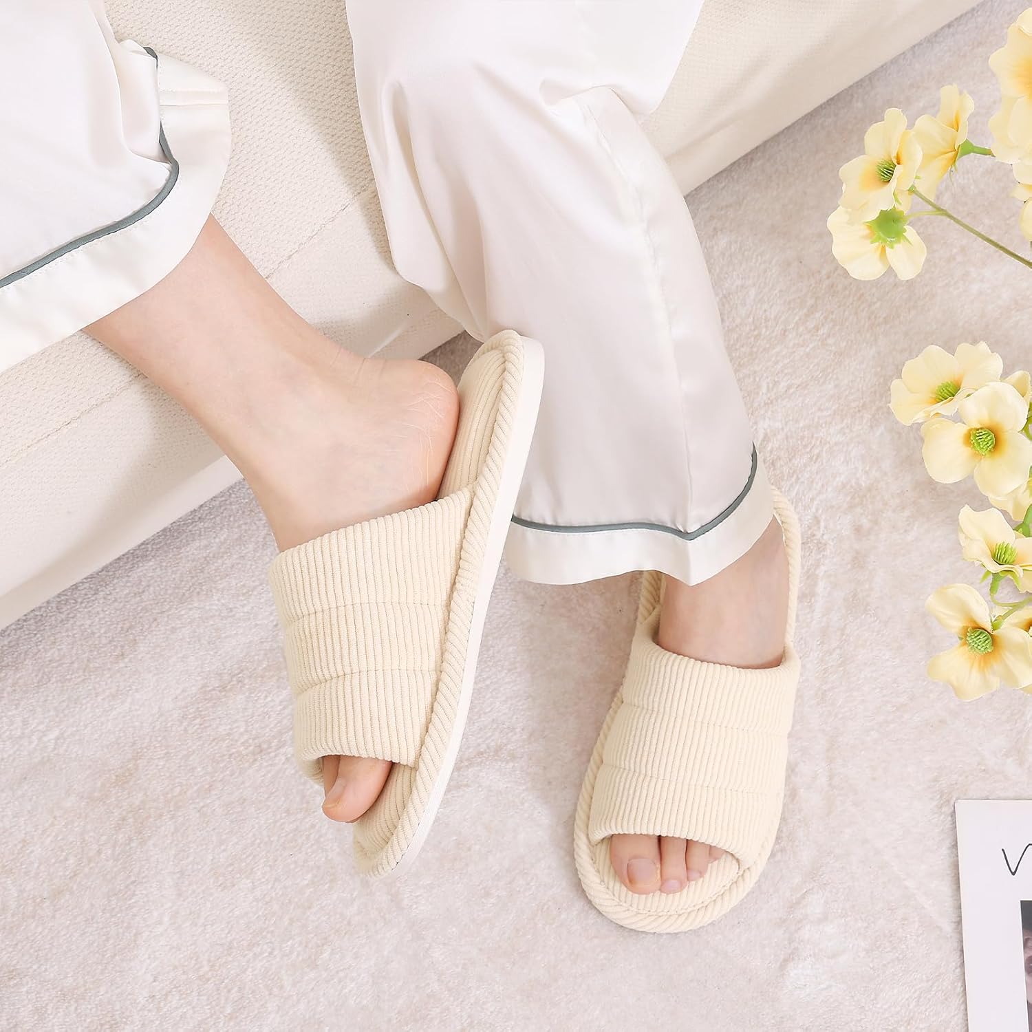 shevalues Terry Cloth Open Toe Slippers for Women Memory Foam Slip On House Slippers - Image 2