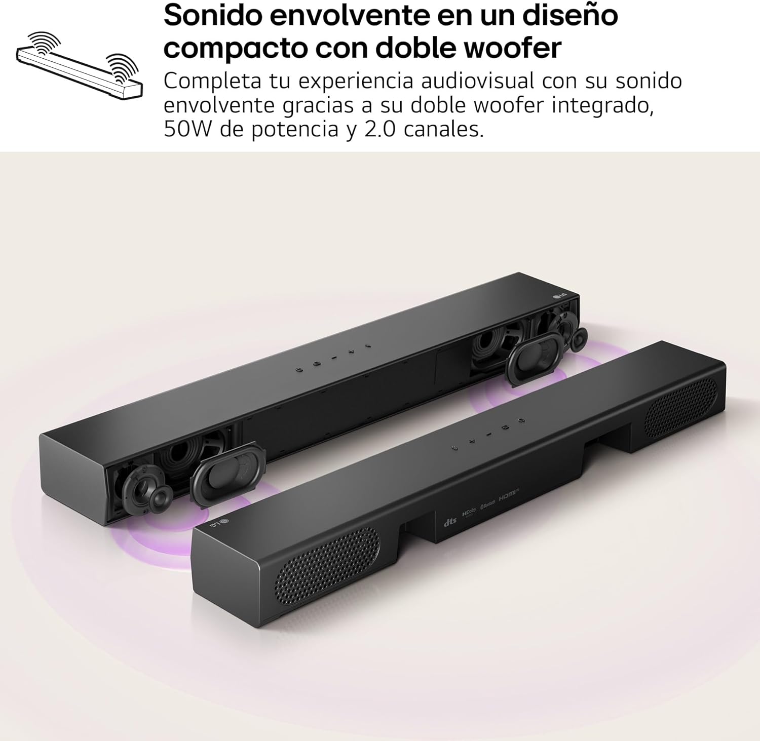 LG S20A – Barra de Sonido Inteligente, Bluetooth, 50W, 2.0 Canales, Compacta con Doble Woofer Integrado, Dolby Digital, DTS Digital Surround, Negro 4