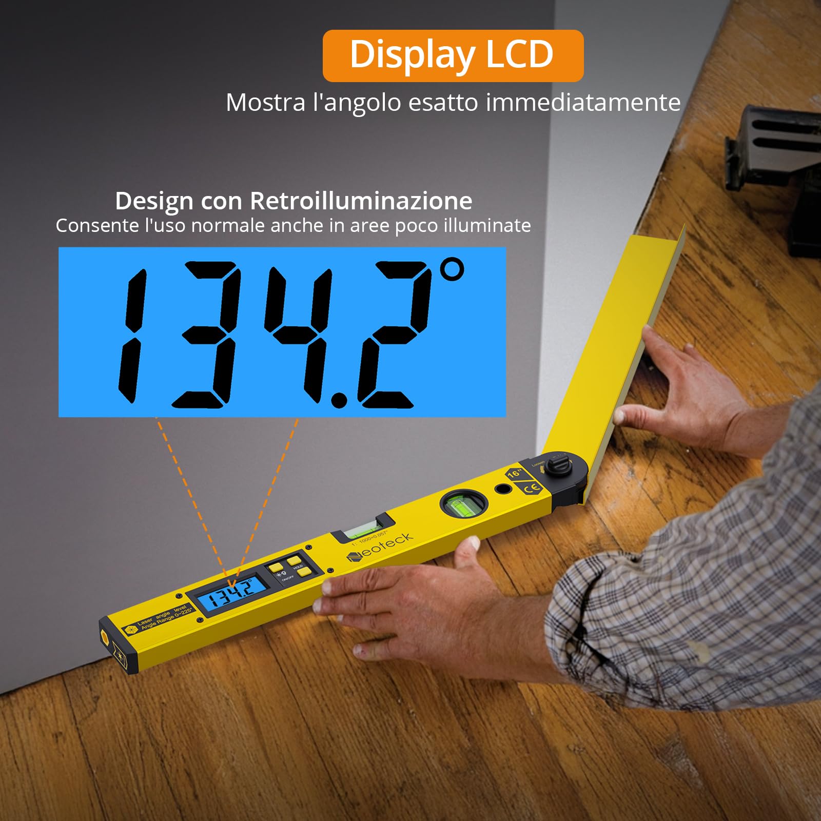 Neoteck Inclinometro Digitale con Laser 0-225°/400mm in Alluminio Goniometro Laser 3-5m con Precisione ±0.5°, Display LCD Retroilluminato Angle Finder Doppia Bolla Verticale Orizzontale -Dorata