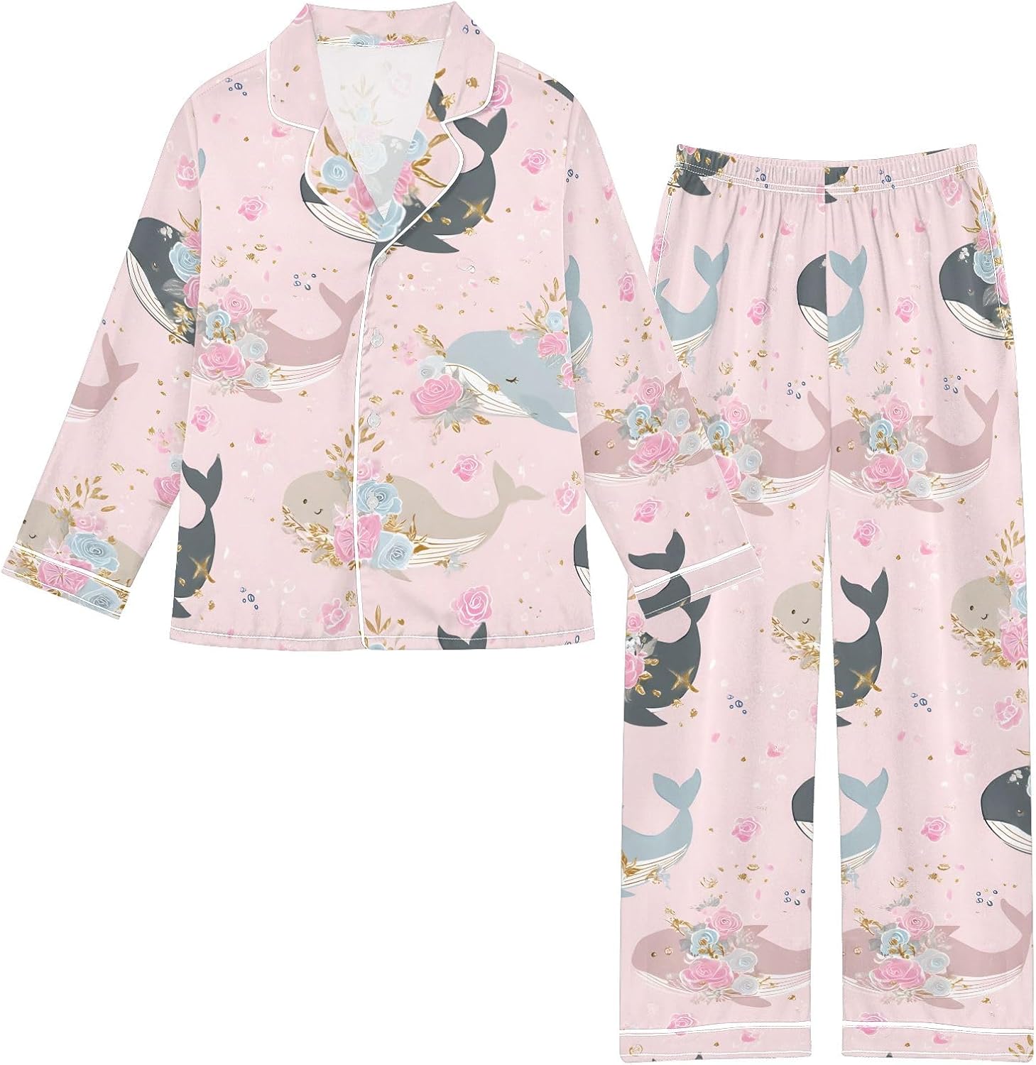 Kids Casual Satin Wear Set Tiger Whale Pink Rose Pattern Unisex Relaxed Fit Clothing