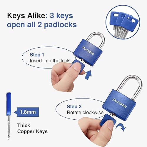 Miniatura 2 de Puroma Candado con llave, paquete de 2 cerraduras de aluminio con 3 llaves iguales, candados pequeños de 1.1 pulgadas para puerta, valla, cobertizo,