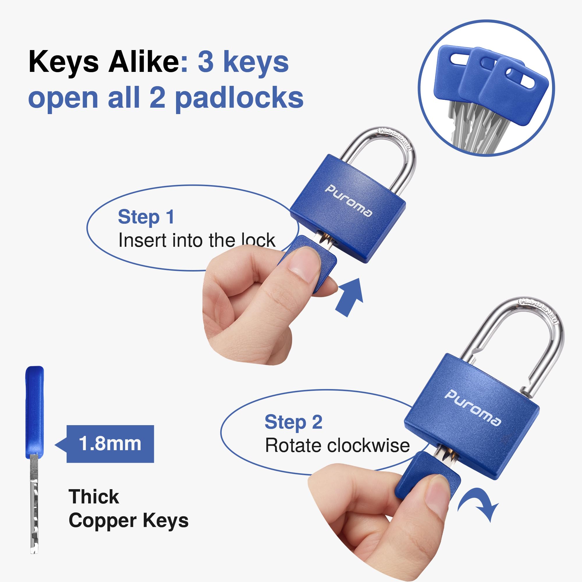 Puroma 2 Pack Keyed Padlock With 3 Keys Alike, 1.1 Inch Locker Lock 40Mm Heavy-D