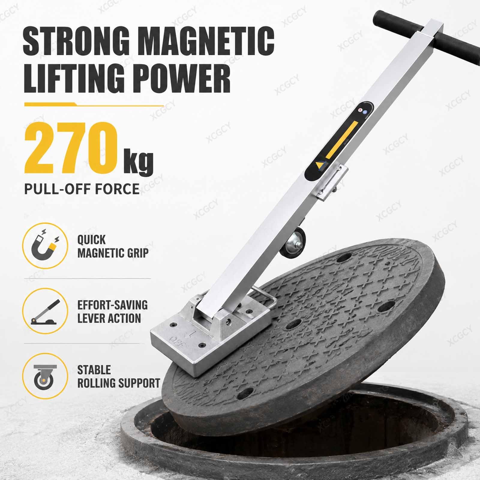 Sollevatore Magnetico per Tombini 270 kg con Ruote, Estrattore Magnetico per Coperchi, Uso da Una Persona, Maniglia Retrattile, per Tombini in Ghisa, Fosse Settiche E Scarichi Piovani