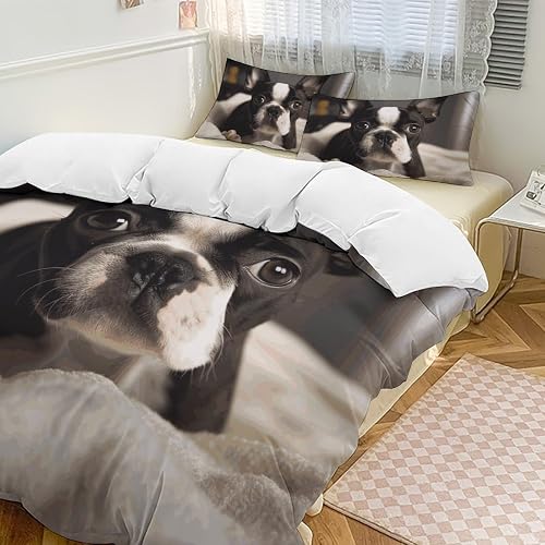 BVNMT Duvet Cover Shams Queen Comforter Set Cute Boston Terrier Bedding Set Incl