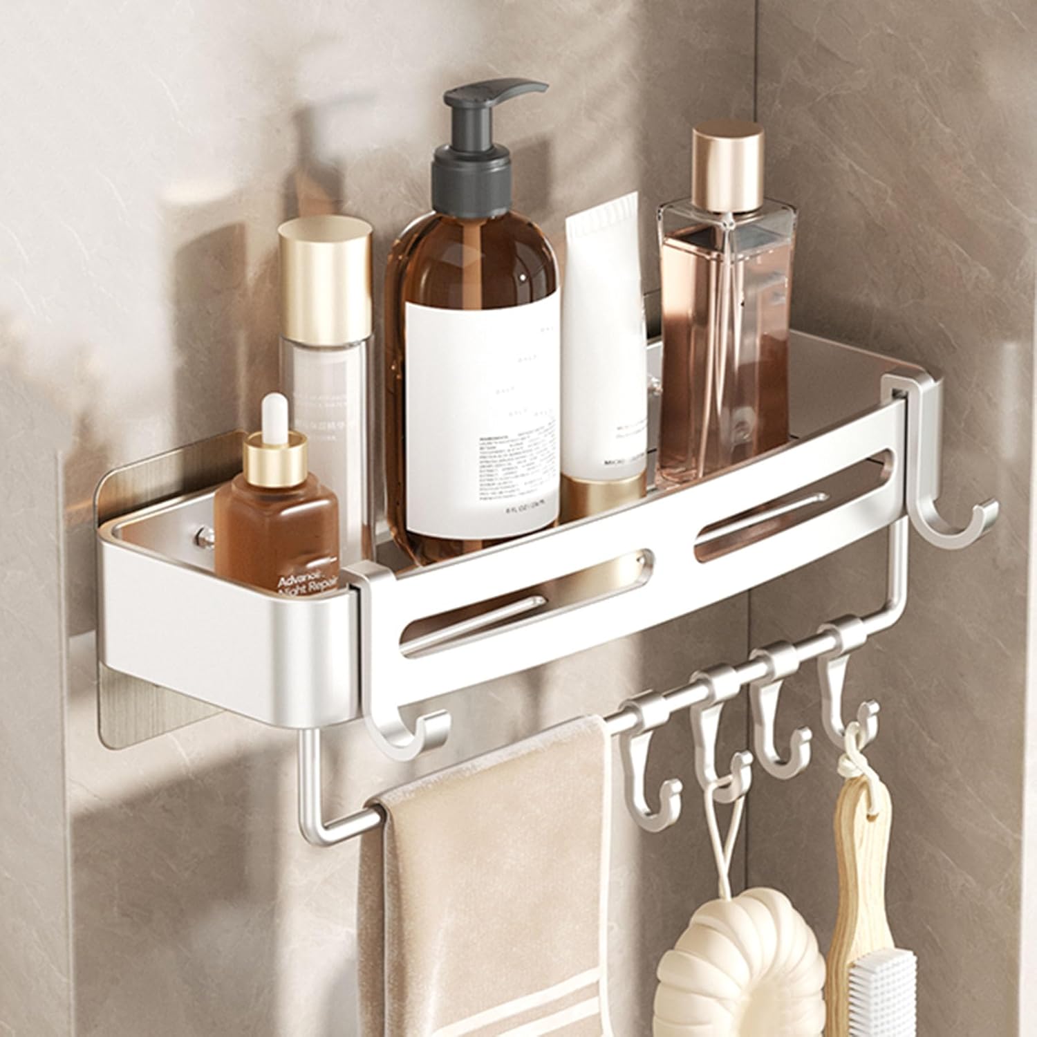 SRURLLUG Shower Caddy Bathroom Shelve Adhesive Shower Caddy Organizer Shelves Rack With Hooks No Drilling Rustproof Wall Mounted