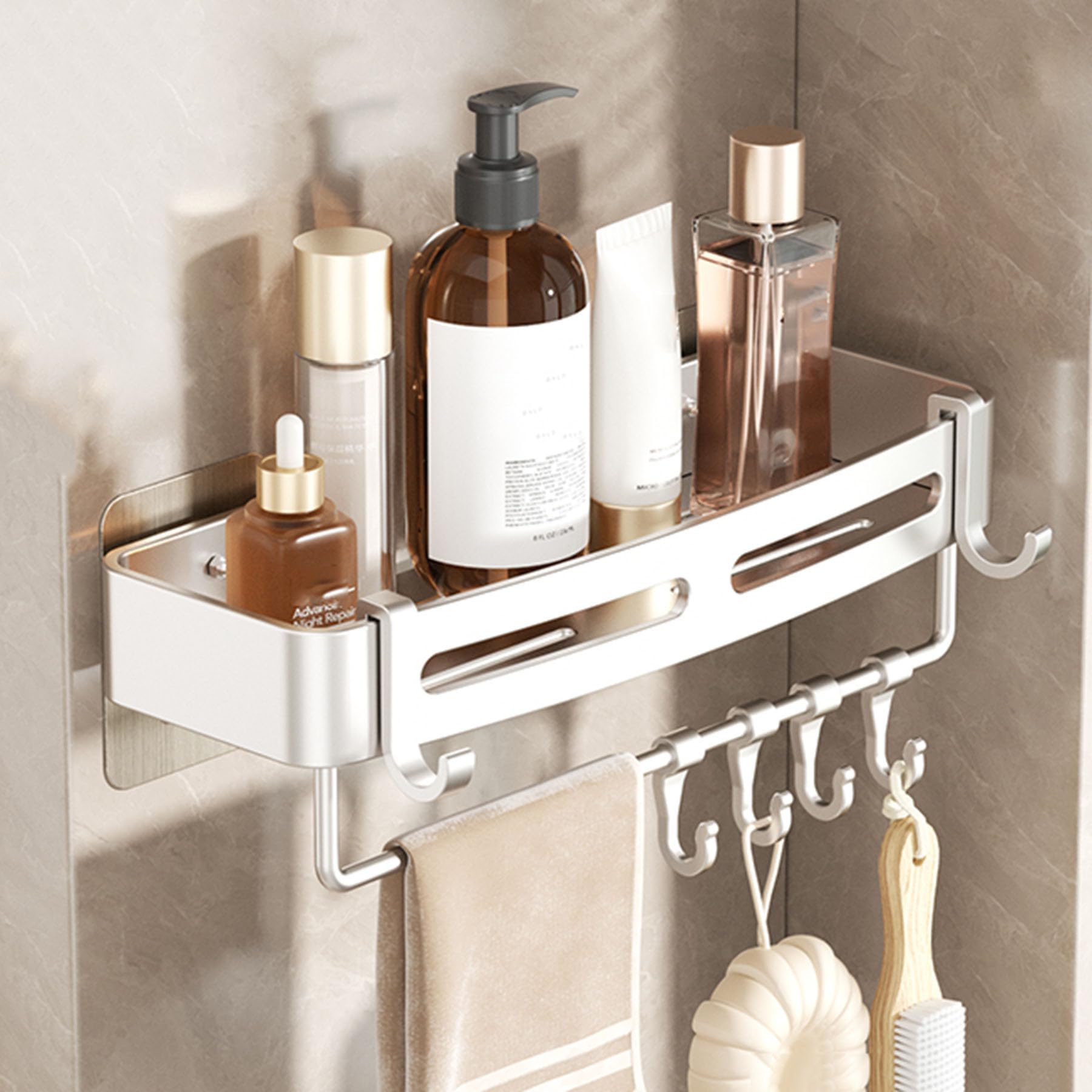 SRURLLUG Shower Caddy Bathroom Shelve Adhesive Shower Caddy Organizer Shelves Rack With Hooks No Drilling Rustproof Wall Mounted