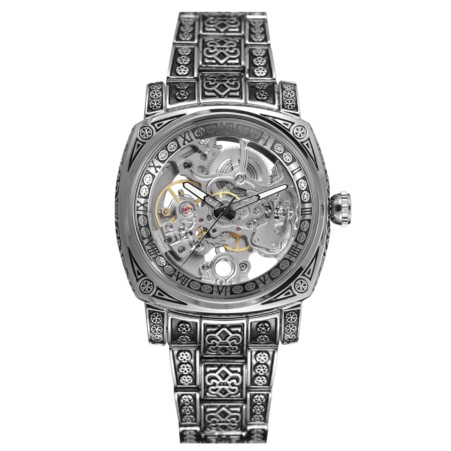 Reloj de esqueleto mecánico automático para hombre, cuerda manual en caja cuadrada, pulsera de acero grabada vintage y cierre desplegable, regalo retro para él