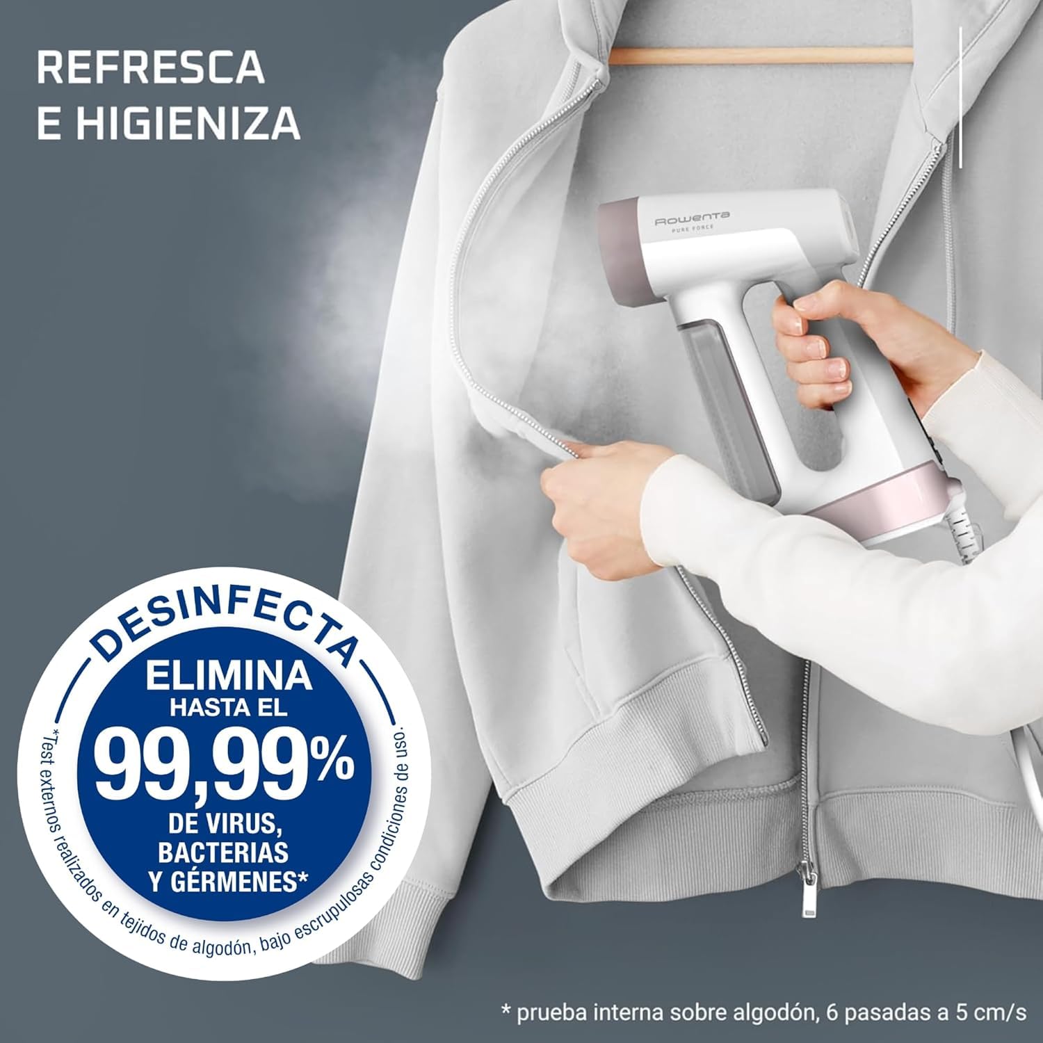 Rowenta Pure Force, Plancha de vapor vertical 2 en 1, Uso vertical/horizontal, Vapor potente, Se calienta en 25s, Depósito de agua extraíble de 180ml, Elimina hasta el 99,99% de bacterias, DR8720F0