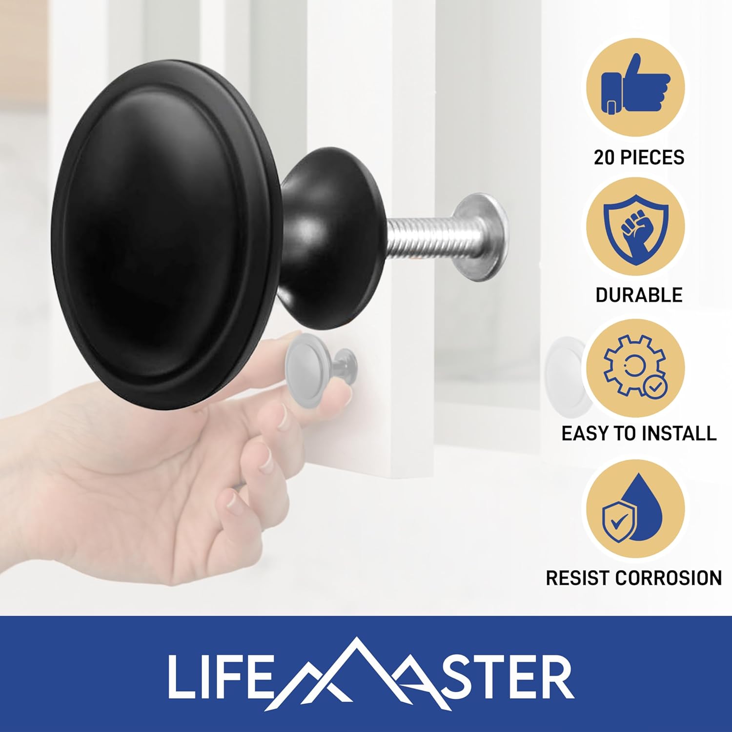 Lifemaster 50pcs 1-1/4 inch Matte Black Cabinet Knobs - Rust-Proof, Modern Design, Strong Zinc Alloy, Drawer Pulls with Short and Adjustable Screws - Stylish Handles for Kitchen, Dresser, and Cabinets