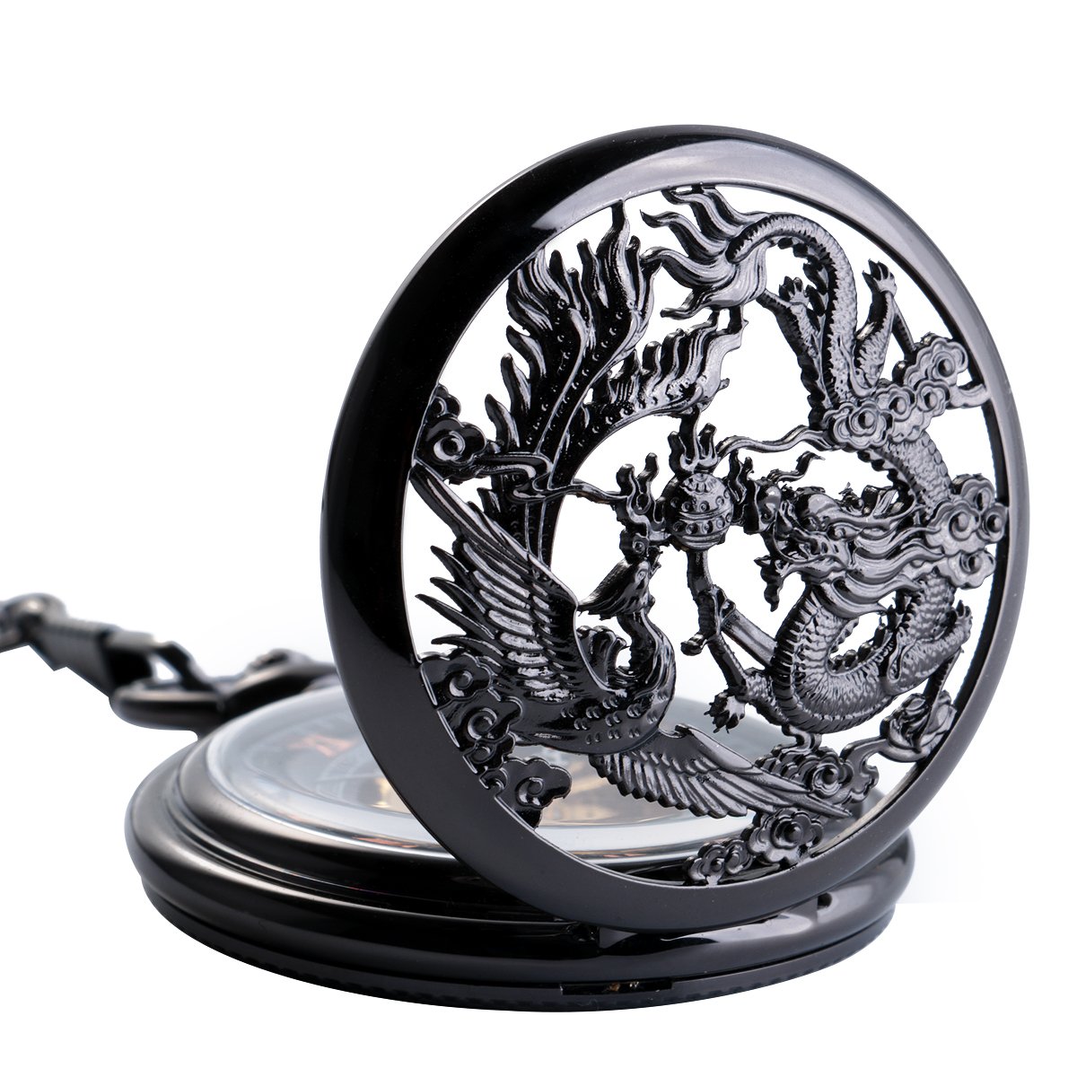 ManChDa Antike, mechanische Taschenuhr, Glück, Drache & Phoenix (Beste Wünsche), Skelett-Zifferblatt mit Kette für Männer und Frauen + Box