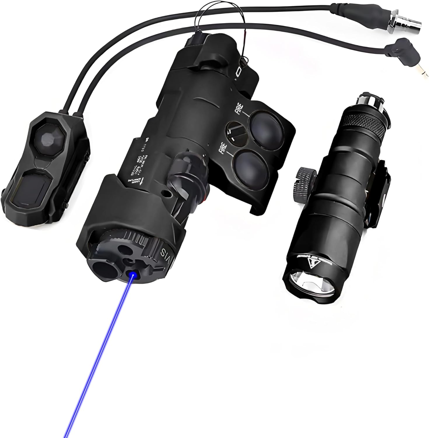 Red/Green/Blue Dot MWL Metal Laser IR Sight with M300A Flashlight & Dual Control Remote Pressure Button Switch Combo，300 Lumen White LED Scout Torch Light，for Standard 20mm Pic Rail System Mounting