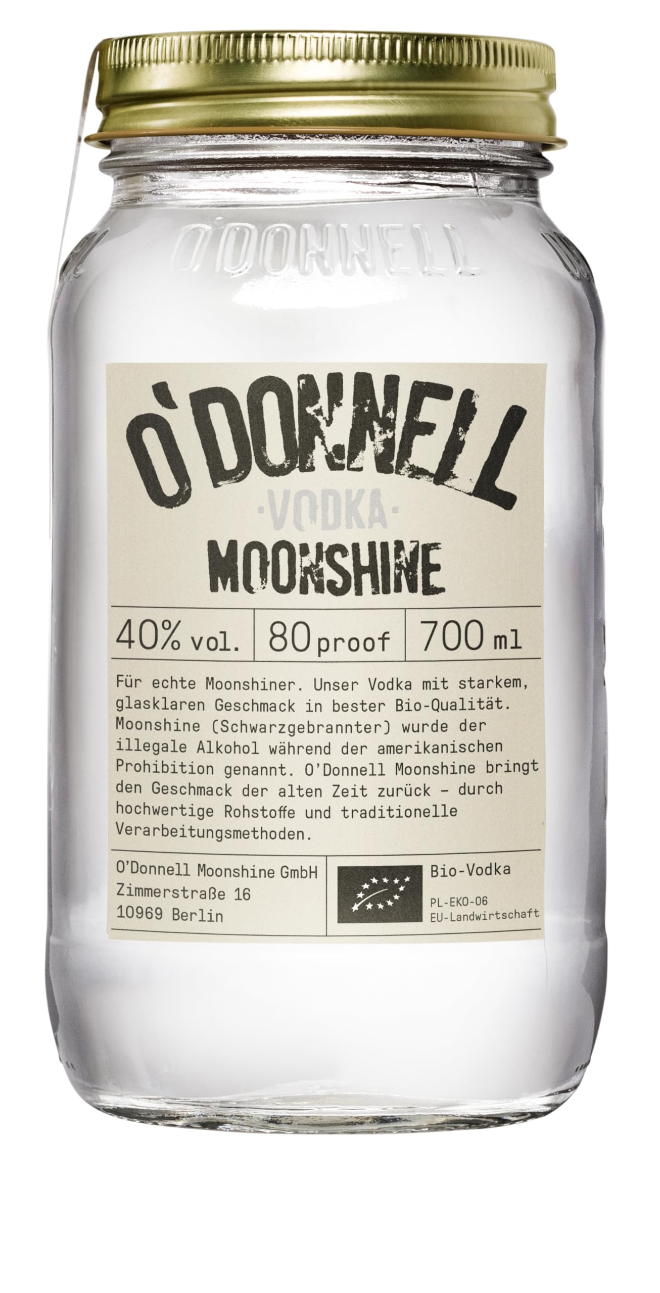 O’Donnell Bio Vodka 40% vol. – Kristallklarer Cocktail Wodka (700ml) Made in Berlin mit kompromissloser Reinheit, ideal für Cocktails & pur genießen - Für echte Moonshiner – Premium Spirituose