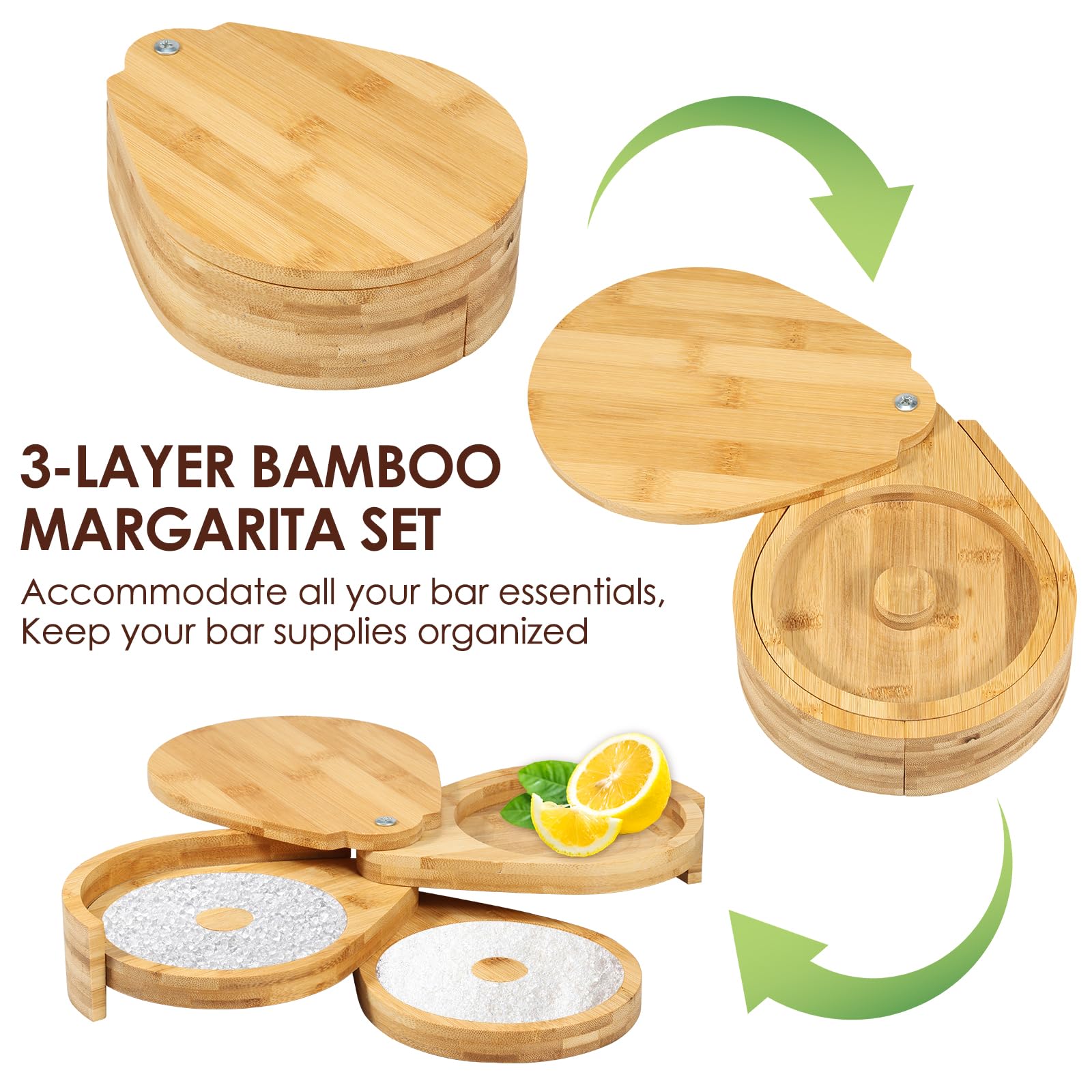 Margarita Salt Rimmer Set 3 Tier Bar Glass Rimmer Bamboo Salt and Sugar Rimmer for Cocktails Margarita Salt Rimmer with Lid for Drinks Home Party Bar Accessories Bartender Tool Spice Container