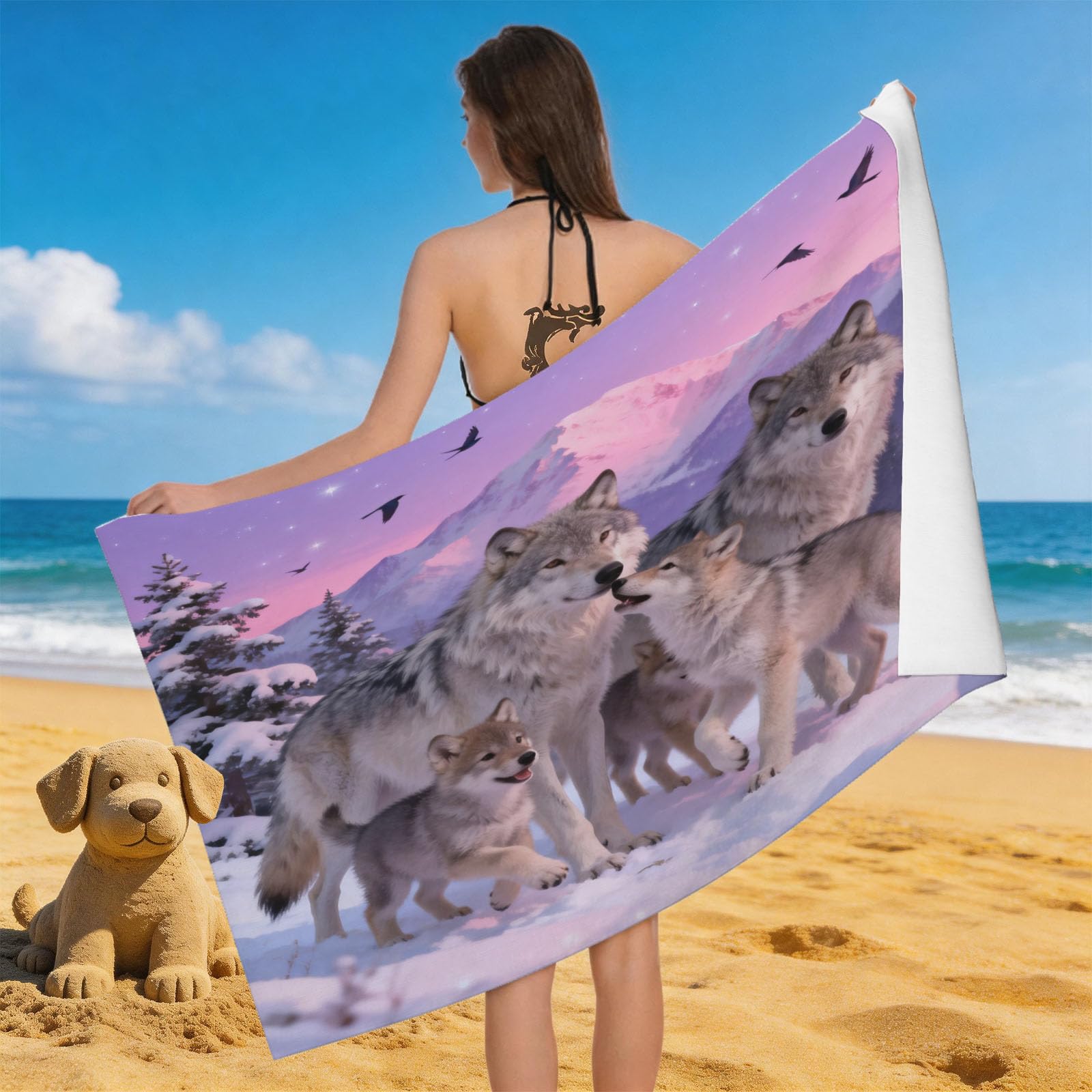 Leichong 3D Wolf Pack Beach Towel Microfiber Soft Quick Dry for Adults, Cartoon Bath Towel Lightweight Soft Absorbent for Travel Swimming Pool Sports, 75 x 150 cm