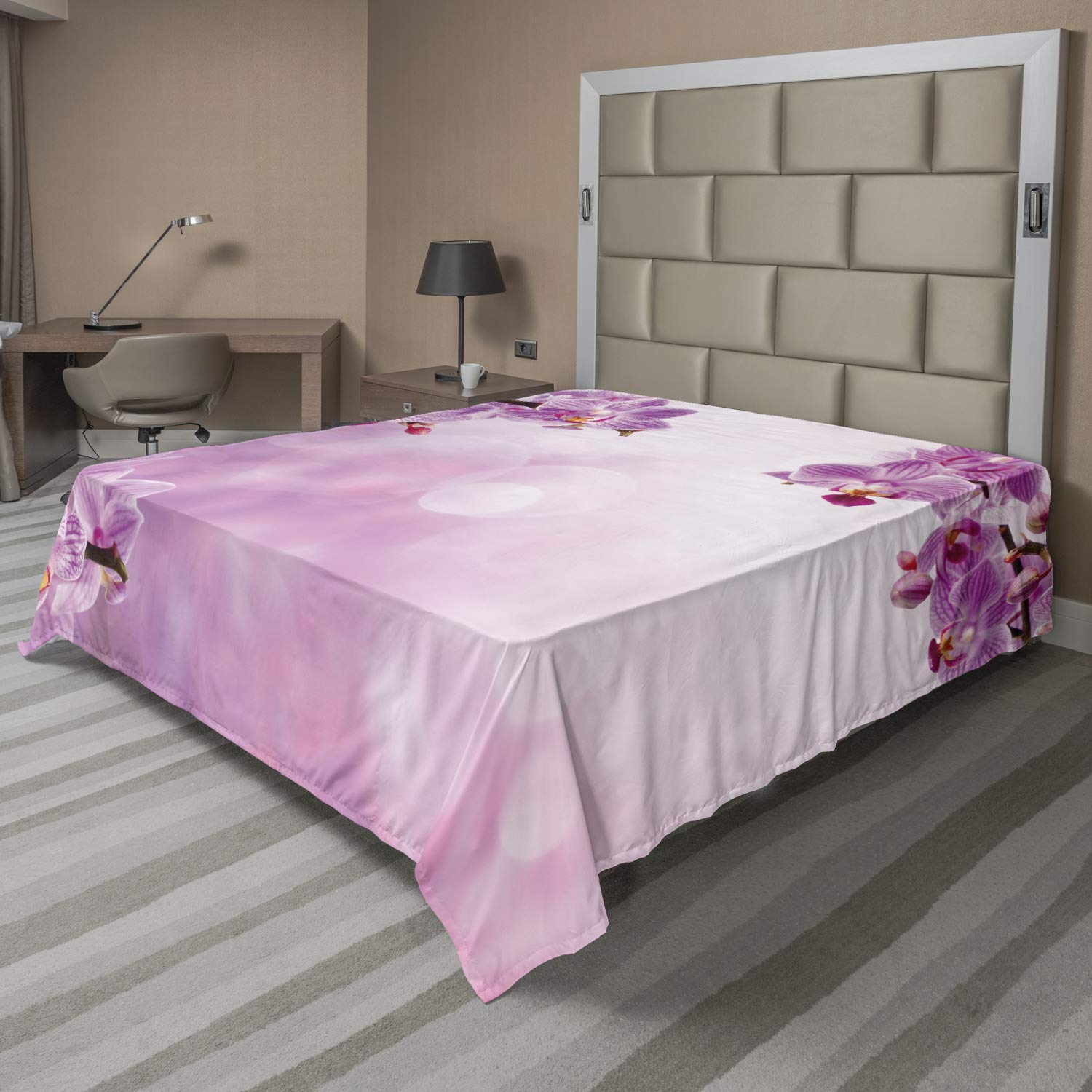 Ambesonne Spa Flat Sheet, Orchid Petals in Monochrome Design Bouquet Spring Bloom ling Growth Peaceful Nature Print, Soft Comfortable Top Sheet Decorative Bedding 1 Piece, Queen Size, Pink
