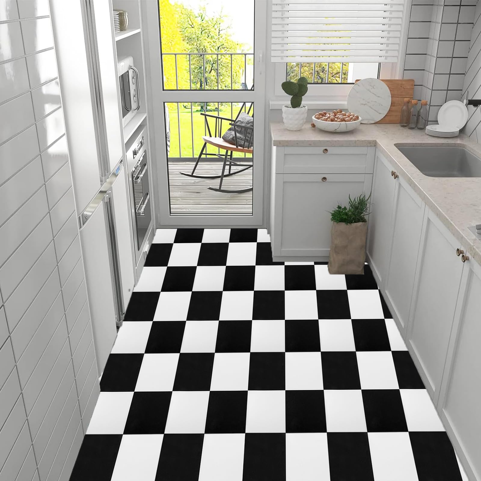 DAJAVE 20er Pack PVC Bodenbelag Selbstklebende Fliesen Vinylboden 30X30cm Schachbrett (Gesamtansicht: 6,00m x 6,00m) Vinyl-Boden für Küche, Vinyl Bodenaufkleber (Schwarz-Weiß)