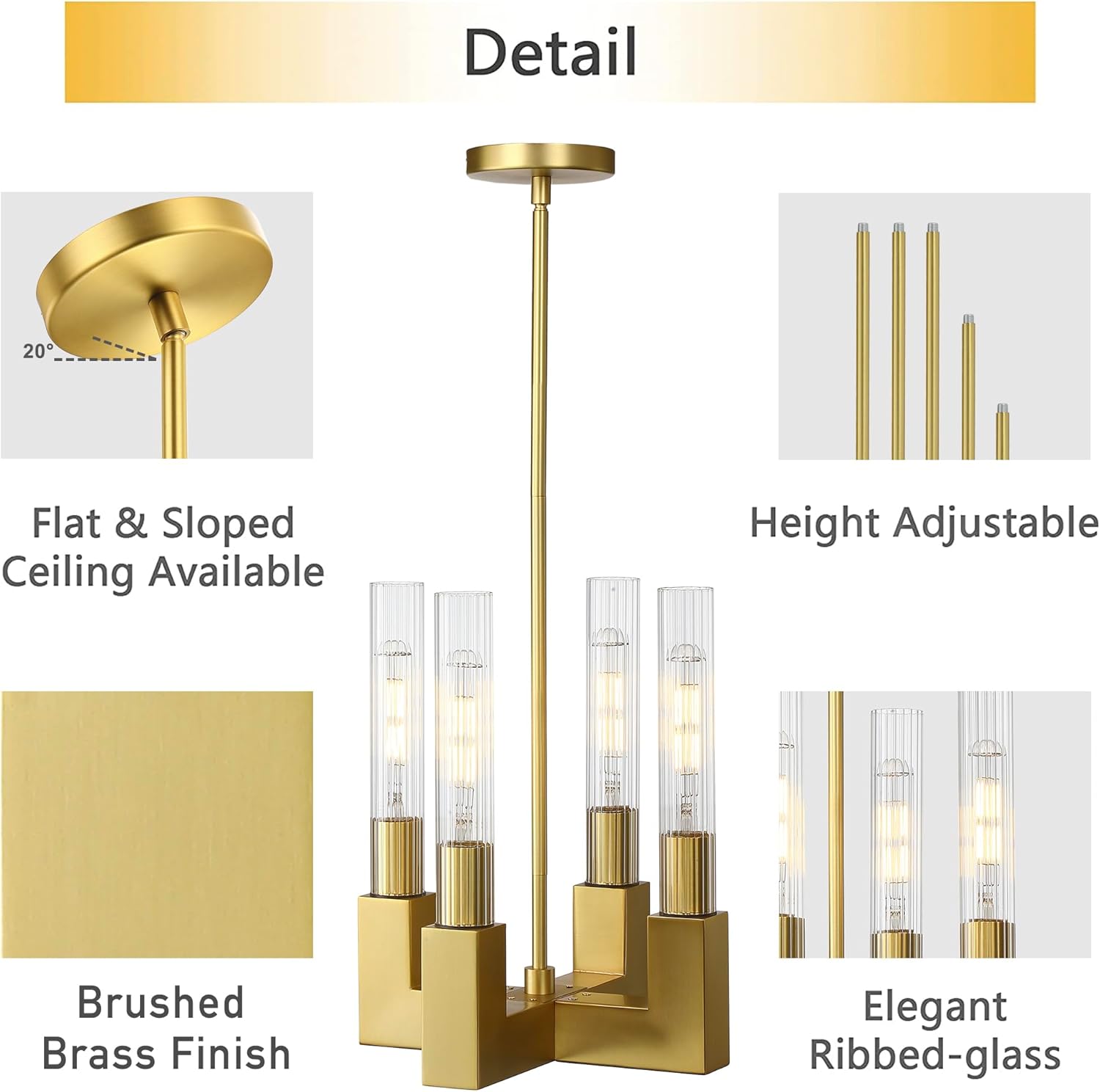 Modern 4-Light Gold Pendant Light Height Adjustable Ceiling Hanging Light Fixture with Glass Shade Brushed Brass Gold Lantern Chandelier for Kitchen Island Living Room Foyer