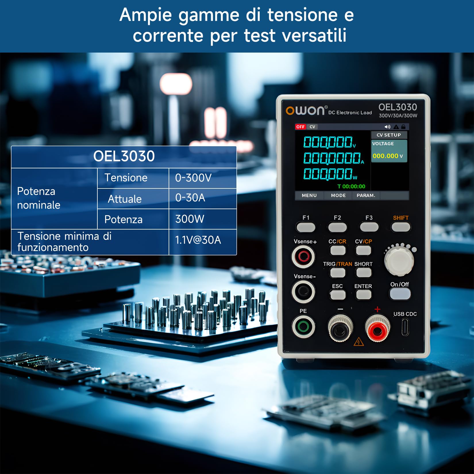 OWON OEL3030 Carico elettronico DC programmabile, 0–300V 0–30A 300W, dinamico 5 kHz, tasso di salita regolabile, USB RS232