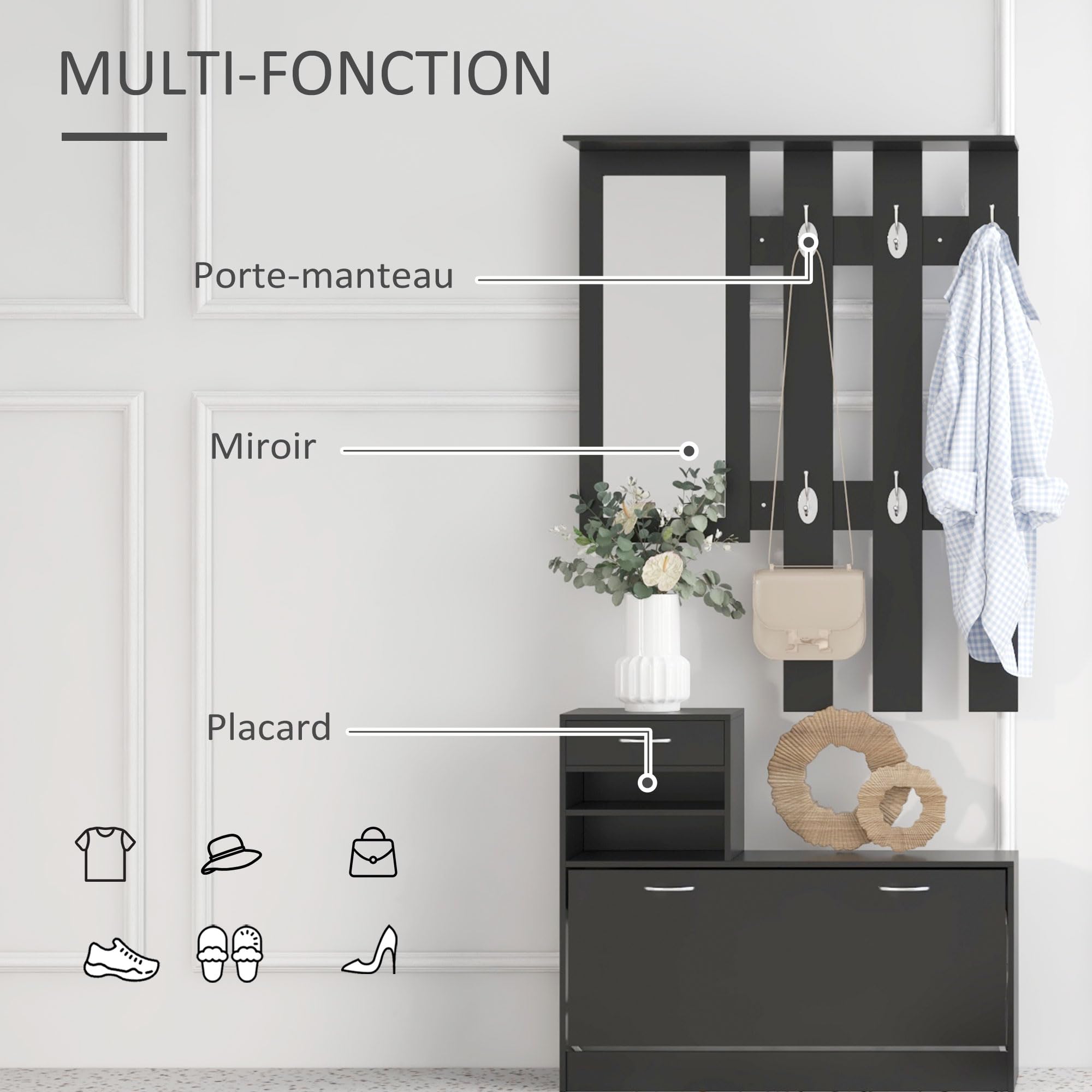 HOMCOM Ensembles 3 en 1 de Meuble d'Entrée Vestiaire Noir | Panneau Porte-Manteau, Miroir, Banc à Chaussures, 6 Crochets, Étagère Réglable