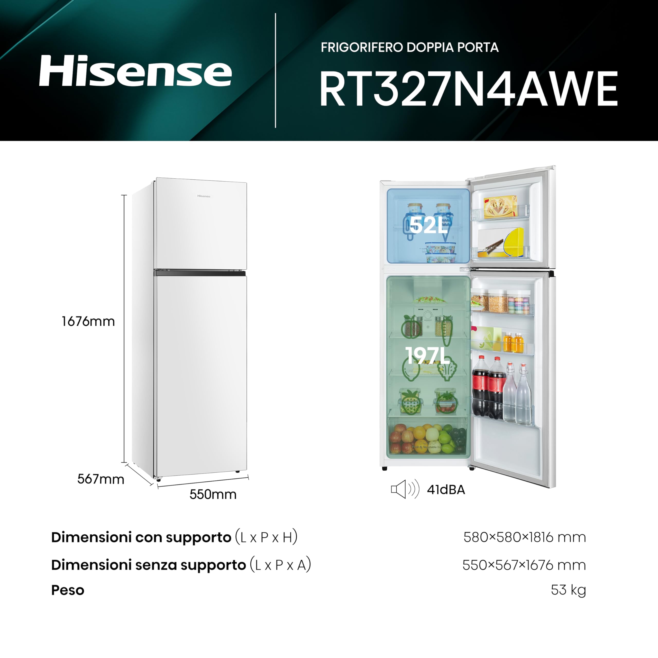 Refrigeratore Freestanding Doppia Porta Hisense 327N4AWE - Dettaglio