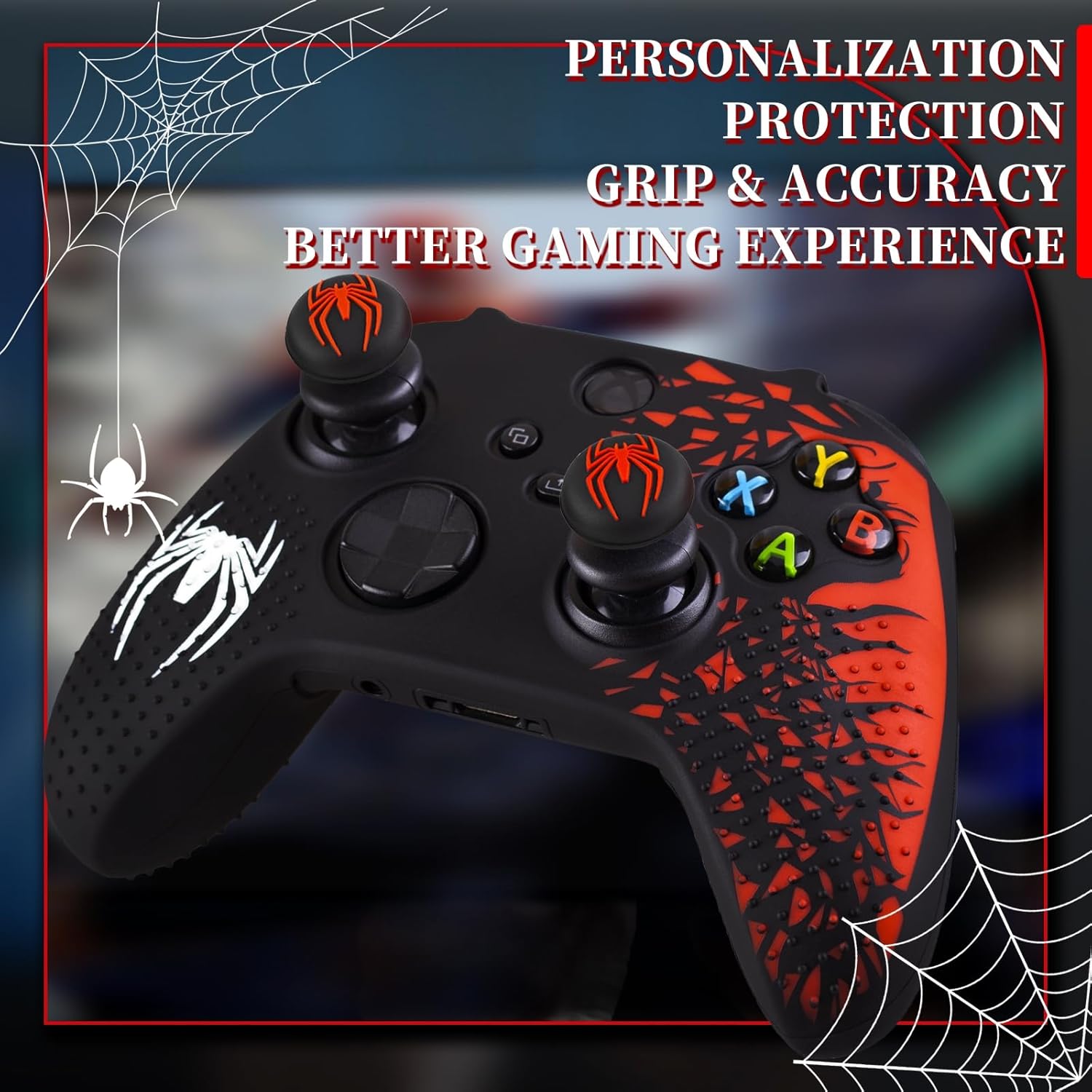 PlayRealm Silicone Skin Cover Sticker x 1 & Extender Grips x 2 for Xbox Series/One Controller Spider Edition Red