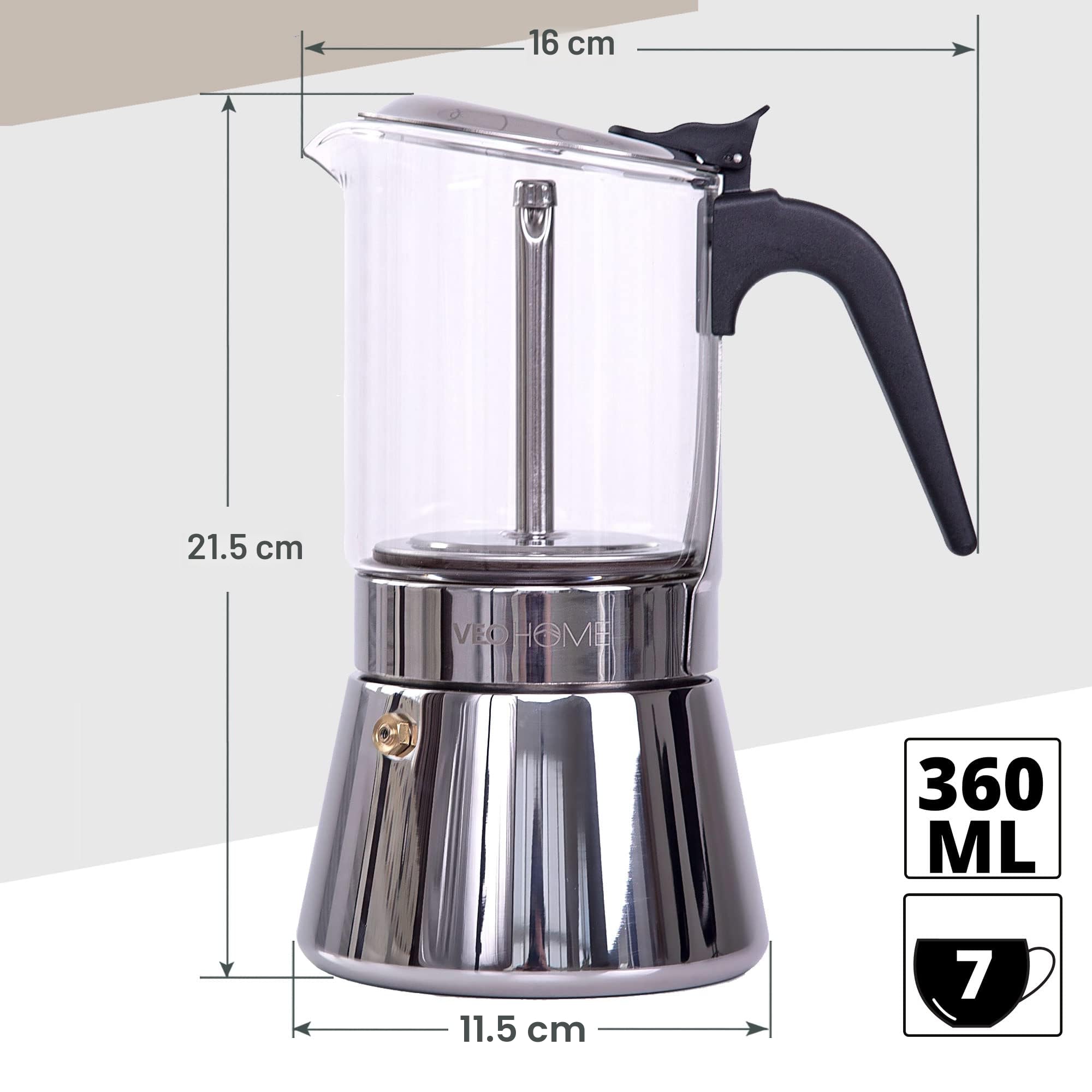 VeoHome Espressokocher Klassisch italienische Perkolator-Mokakanne 360 ml - luxuriöses Kristallglas und rostfreier Stahl
