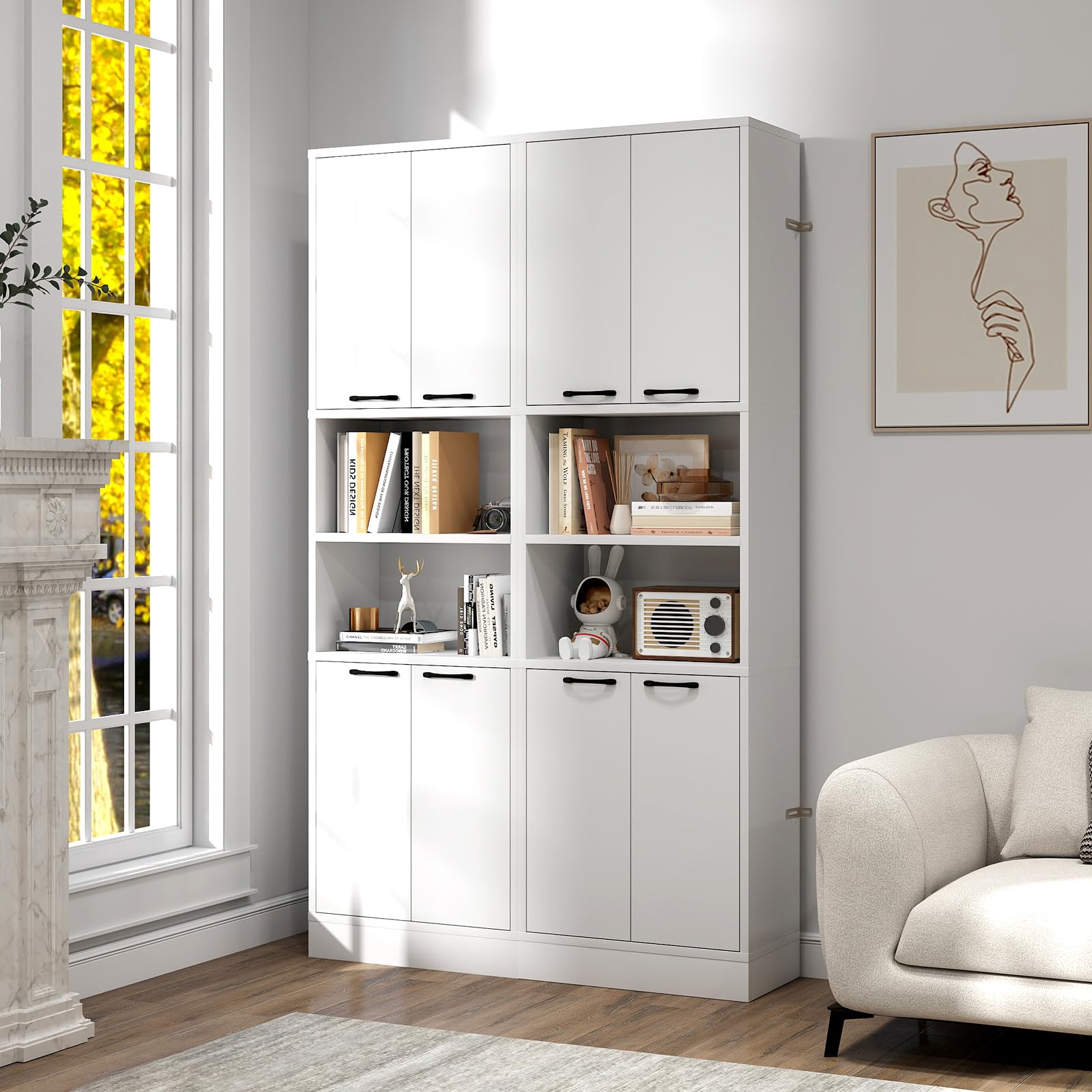 KOMFOTTEU Hochschrank Aufbewahrungsschrank 190 cm, Mehrzweckschrank Küchenschrank mit 4 Türen & halboffenem Regal, Badezimmerschrank Bücherschrank 56 x 30 x 190 cm (Weiß)