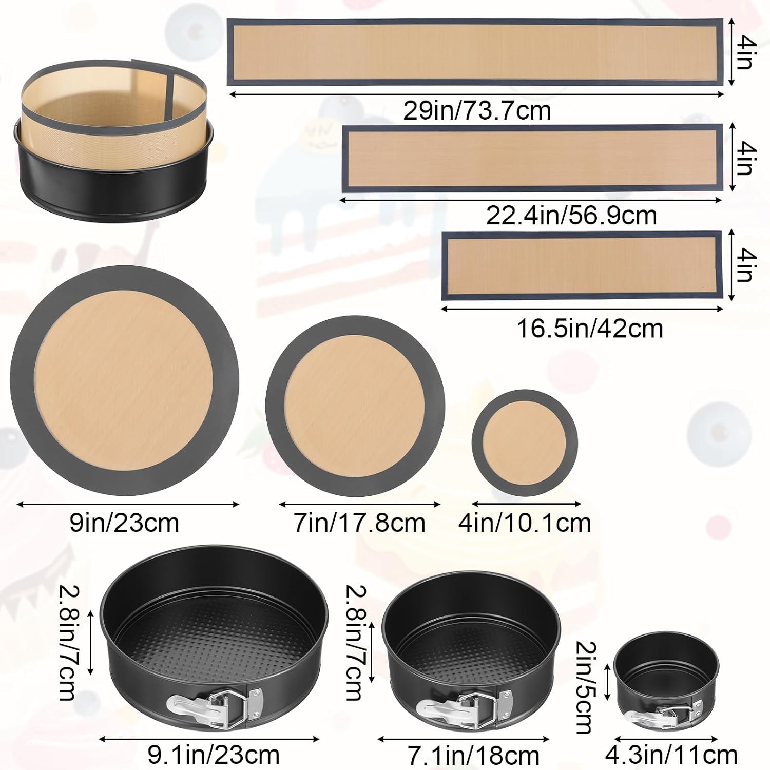 4" 7" 9" Springform Cake Pans Set with Easy Clean Silicone Baking Mat and Silicone Liners Protector Prevent Cake from Sticking to Bottom and Side Nonstick Cheesecake Pan with Removable Bottom