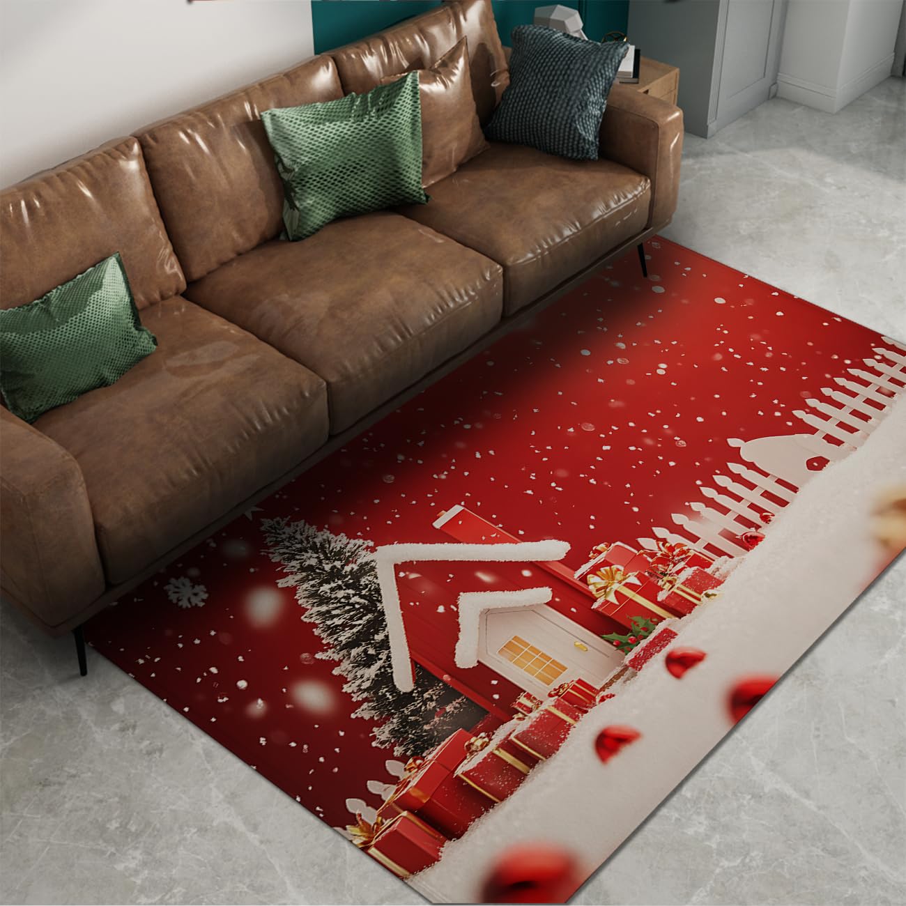 Tapis Noël rouge chalet enneigé fin doux lavable 100x150cm