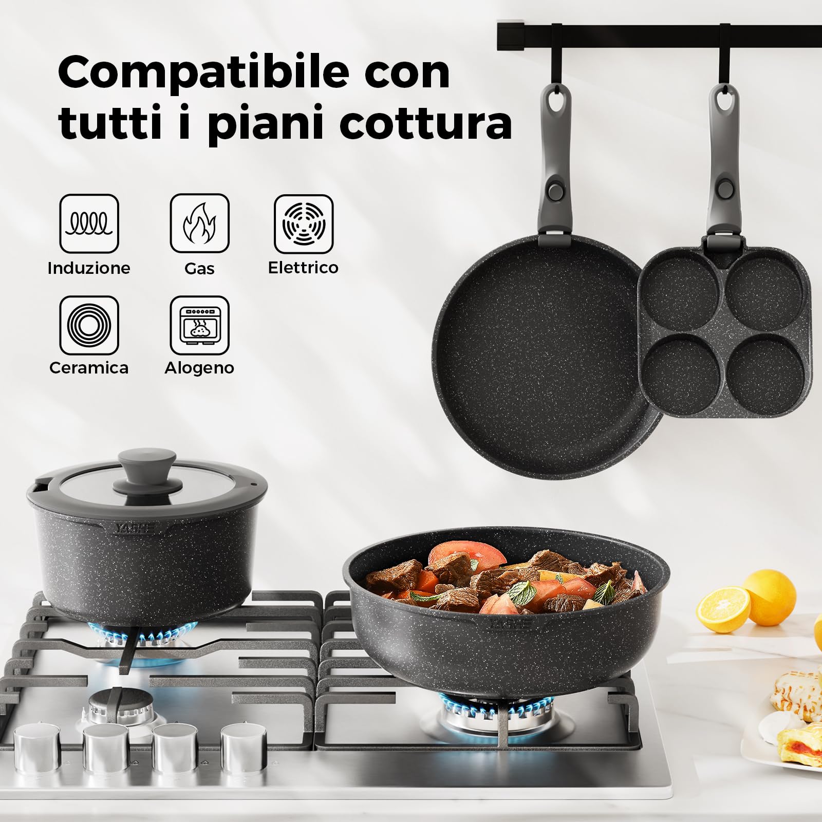 YASHE Set di Pentole da 20 Pezzi con Rivestimento Antiaderente, Manici Rimovibili, Compatibili con Induzione, Forno fino a 230°C, Lavabili in Lavastoviglie, Impilabili, Ideali per Famiglie, Nero