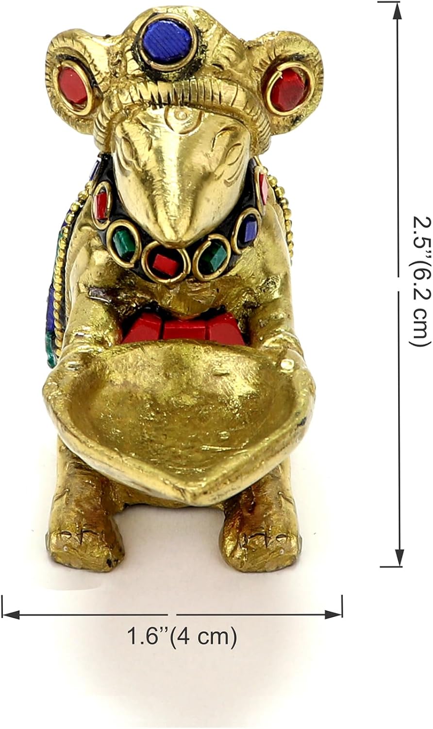 Two Moustaches Gemstone Work Brass Ganesha Mouse Holding Oil Lamp Diya, Standard, Pack of 1