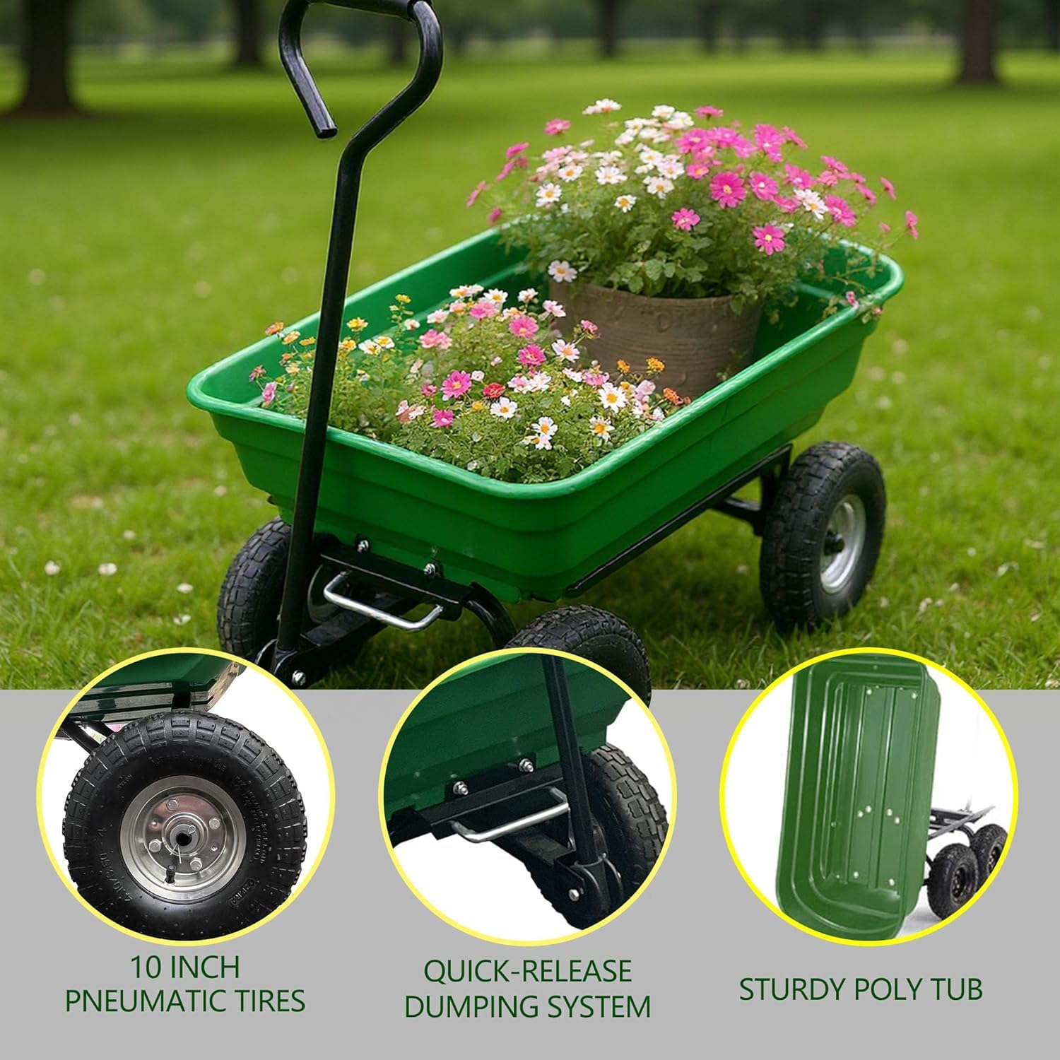 GarveeLife Carriola fino a 272 kg, carriola da giardino, 4 pneumatici con cerchione in metallo, carrello multifunzione per il trasporto, vasca in plastica