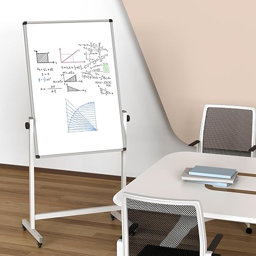 Miniatura 4 de Pizarra blanca rodante, 44 x 26 pulgadas, pizarra magnética de borrado en seco de doble cara, altura ajustable, con marco de aluminio resistente