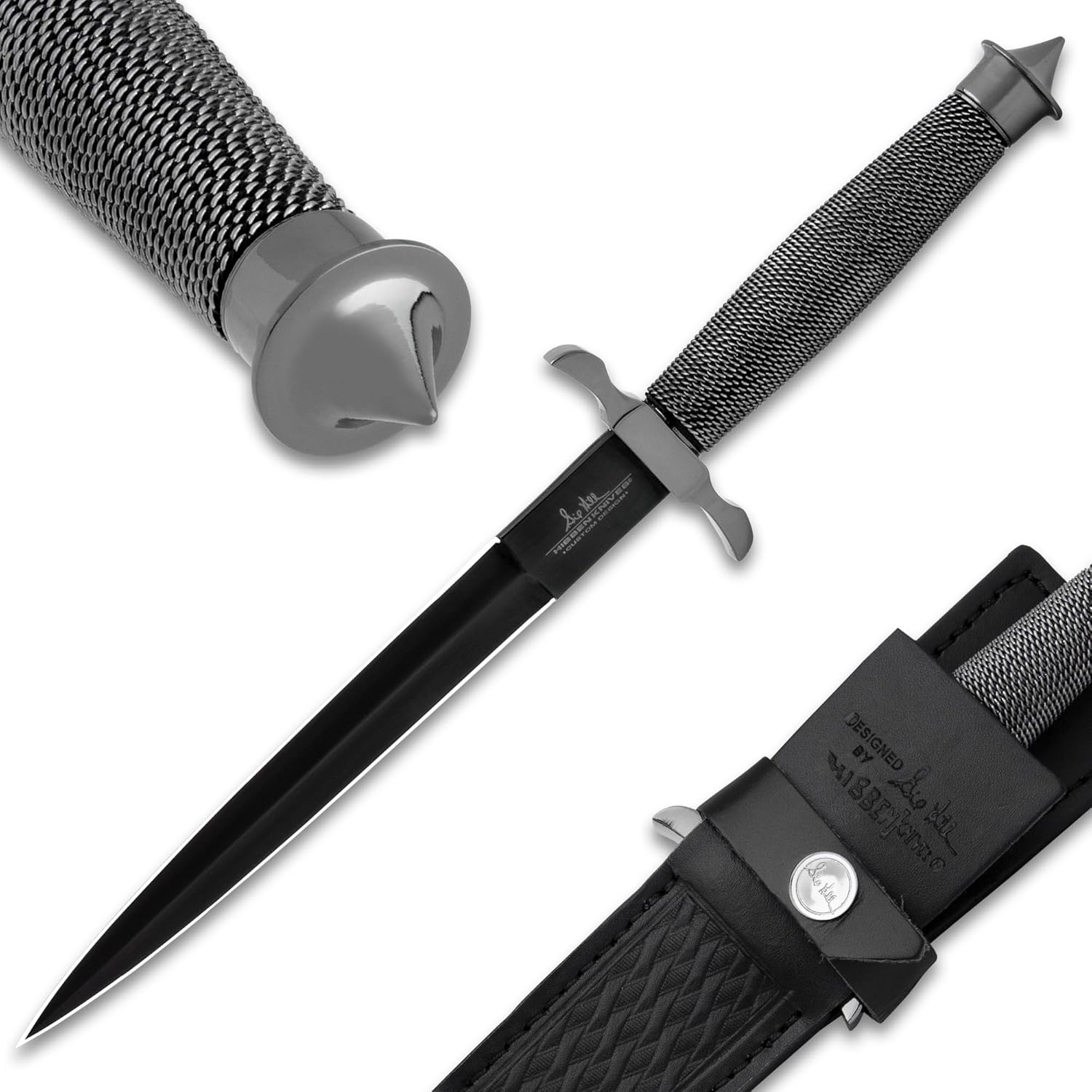Gil Hibben Black Shadow Dagger | 7 1/2" Double-Edged Pewter-Colored Blade | Wire-Wrapped Handle | Chrome Guard and Pommel | Leather Sheath Included | 12 3/4" Overall Length