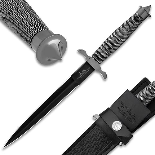 Gil Hibben Daga de sombra negra | Hoja de color peltre de doble borde de 7 1/2 pulgadas | Mango envuelto en alambre | Protector cromado y pomo |