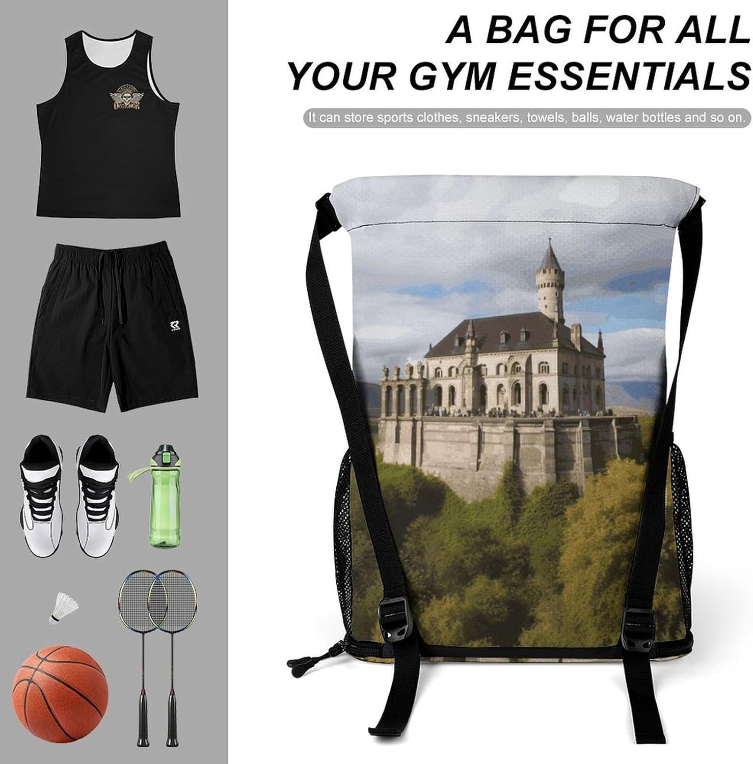 Historical Monuments of Armenia Drawstring Backpack, Sports Gym Bag with Bottom Pocket And Mesh Pockets, String Bag for Men Women