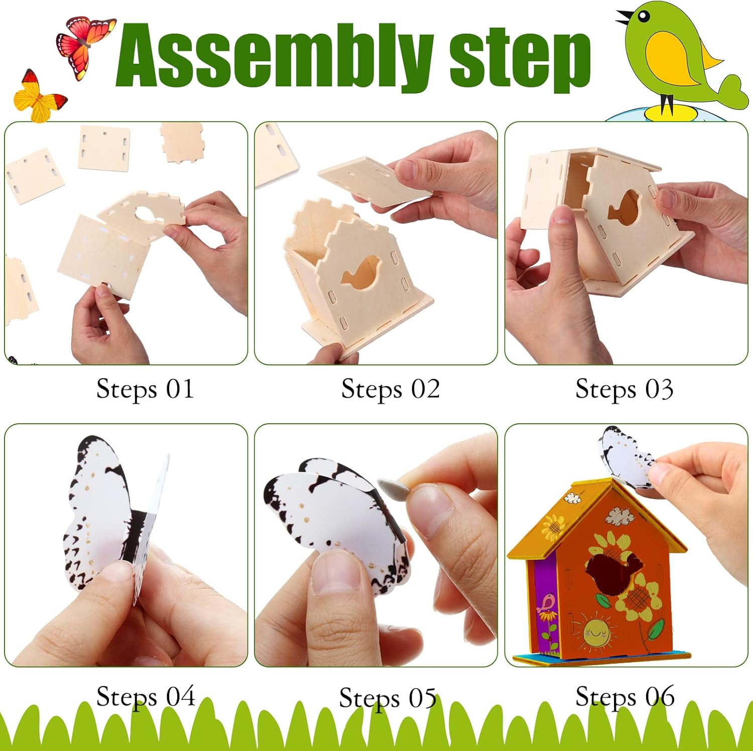 Kisston 96 Pcs Wooden Birdhouse Kits for Kids Ages 4-8, 8-12 DIY Bird Houses Kit for Children Unfinished Bird House in 6 Shapes and Stereoscopic Butterfly Sticker for Art Craft Class Activity