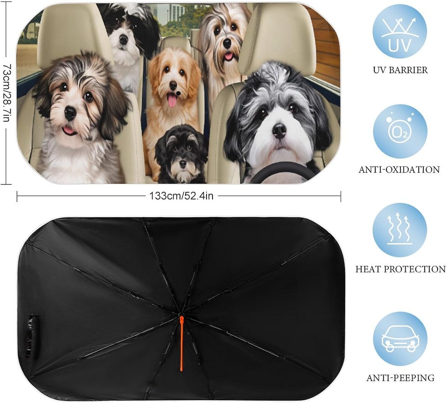 Cute Dogs in Car Seat Cover Car Sunshade Umbrella 52.4"x28.3",General Lightweight Portable Heat UV Protection Foldable Sun Visor Protector for Cars Trucks SUV Decor Accessories Gifts