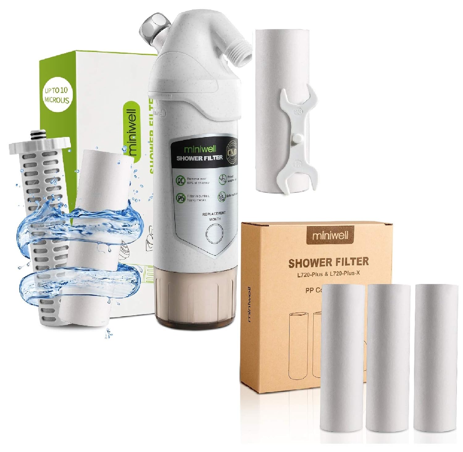 Miniwell L720-Plus Shower Water Filter System with Replaceable Cartridges (Exclusive Bundle)