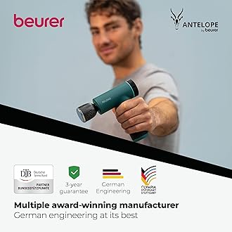 Antelope by Beurer Reload Massage Gun with Hot and Cold Function, Muscle Massager for Trigger Points, 5 Massage Heads, 5 Intensity Levels up to 3000 U per min, Wireless, Includes Storage Case