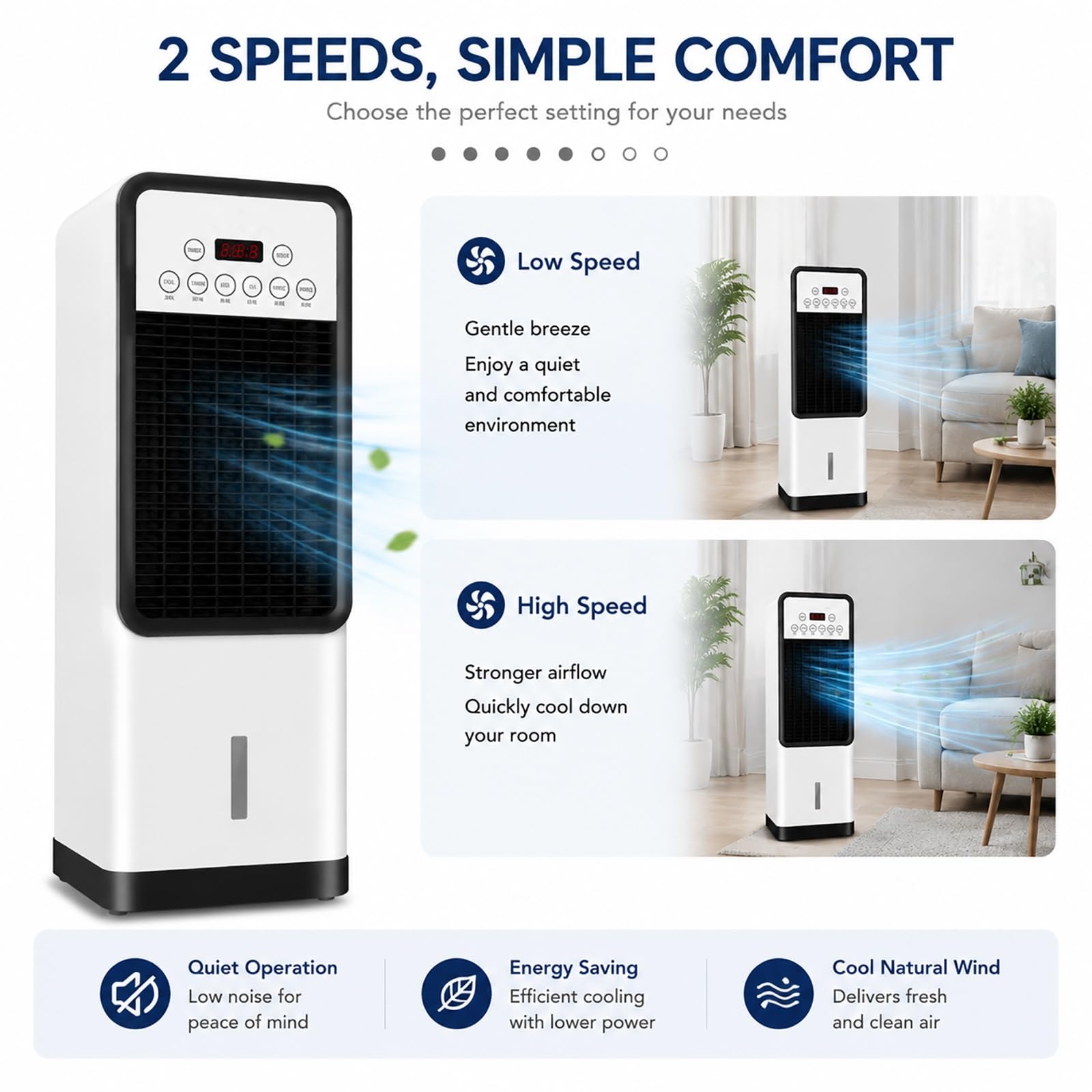 Enfriador de Aire Portátil con Packs de Hielo, 2 Niveles de Velocidad, Depósito de Agua 6L, Ventilador de Refrigeración Evaporativa para Dormitorio, Oficina, Hogar y Verano