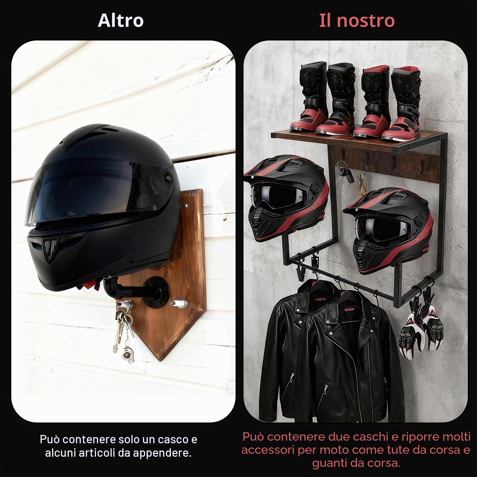 Portacasco da Parete Appendi Casco Moto da, Espositore da Parete per Casco da Motocicletta,con Pannello di Legno monostrato,per Riporre Accessori per Moto