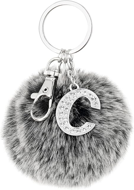 Cartsclick Pom Pom Keyrings with C Letter Keychain  2 in 1 Fluffy Keyring with Crystal Initial Letter Keyring  Personalised Pom Poms Keychain