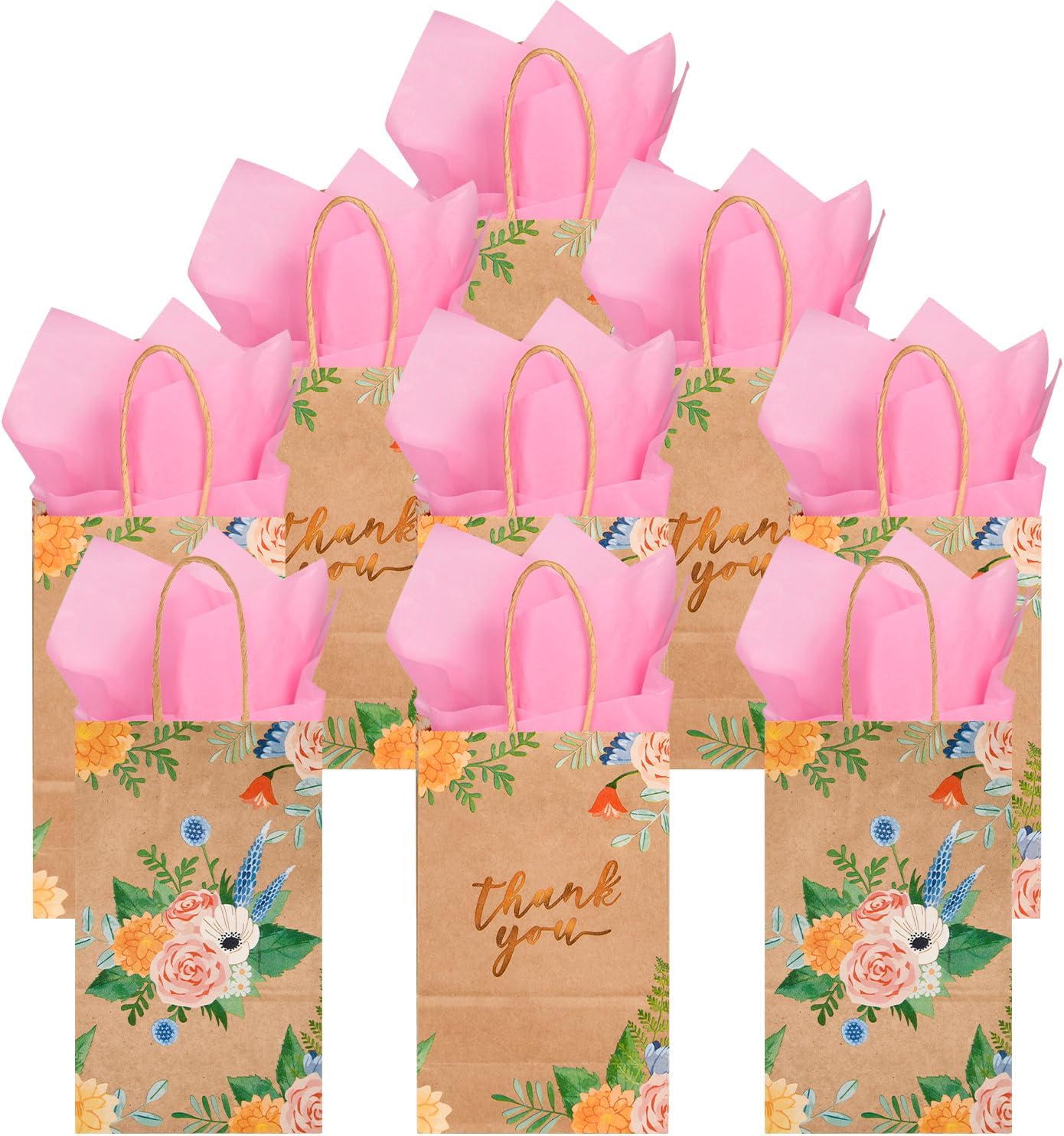 DjinnGlory 50 Pack Small Brown Kraft Gift Bags with Handles and Pink Tissue Paper for Birthday Wedding Baby Shower Party Favors, Thank You Floral Bags for Valentine's Mother's Day (9x5.5x3.15 Inch)