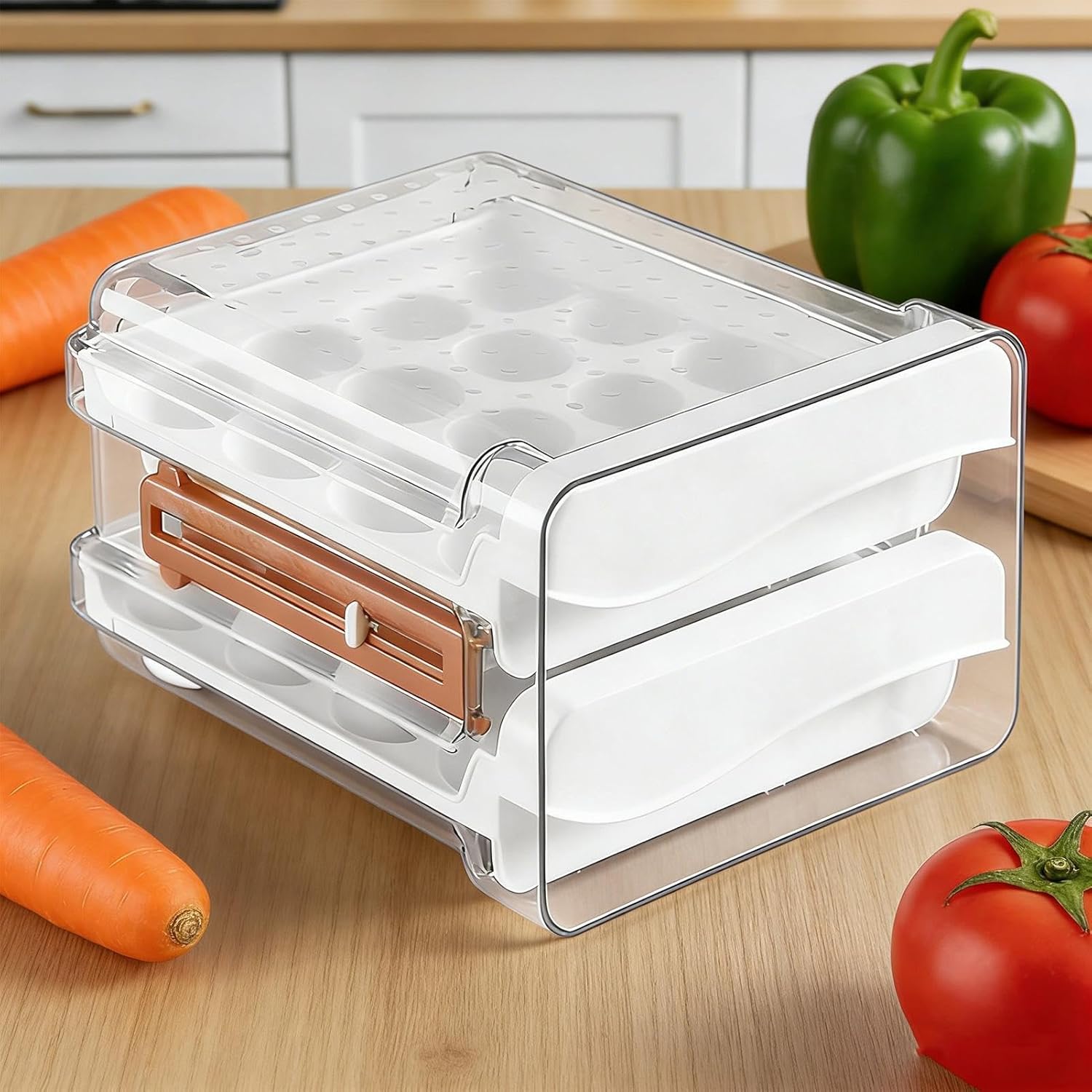 Large Capacity Drawer, Automatic Rolling Egg Box, 9.4x8.7 Inches Tray with Timer, Stackable Storage Bin, Transparent Sorting Case with Handle, Fresh Poultry Keeper for Kitchen & Fridge