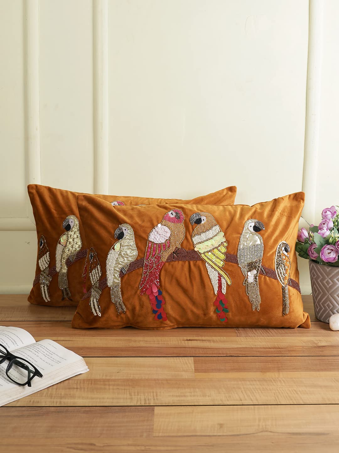 eyda Velvet Copper Color Beaded Sequin Set of 2 Cushion Covers-12x20 Inch